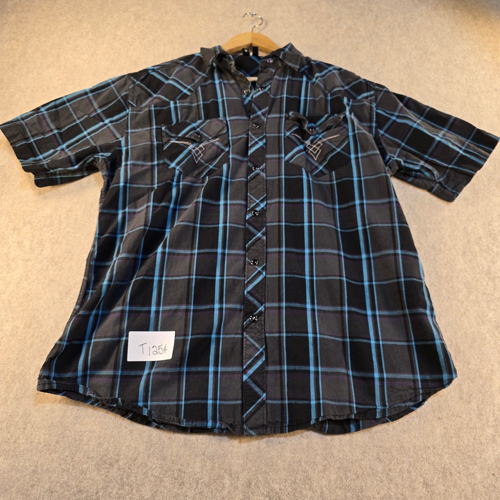 Current Men Western Shirt Short Sleeve Plaid Snap Front Embroidered Black Blue M